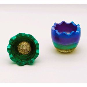 Handmade Egg-Shaped Striped Trinket Box Resin with Gold Glitter NEW